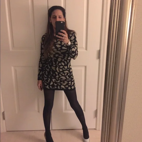 Dresses | Long Sleeve Mini Dress Knit Lame Black And Gold Zipper On The  Back | Poshmark